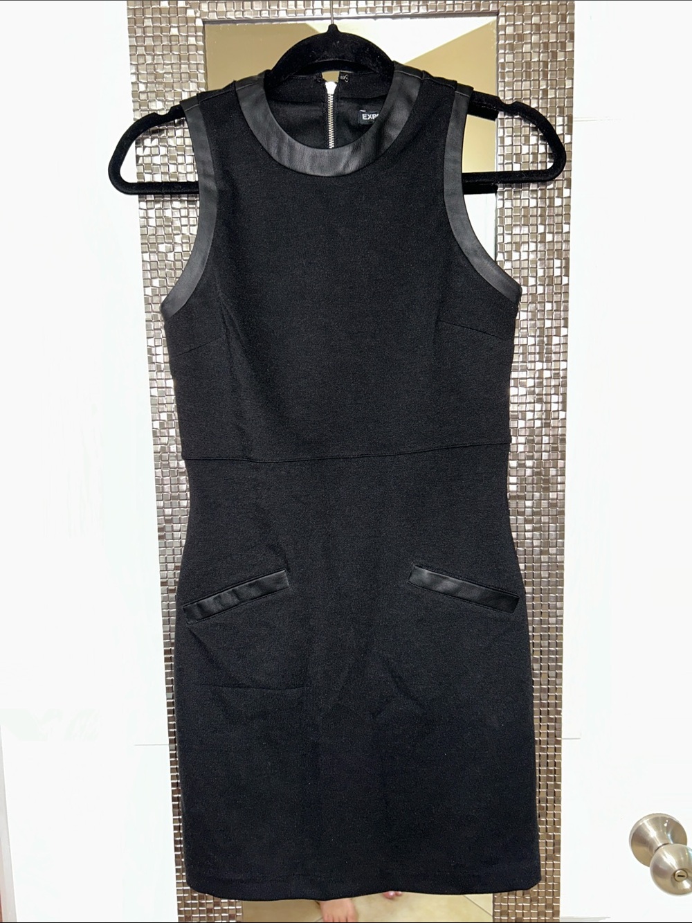 Express Black Sleeveless Sheath Dress with Faux-Leather Trim